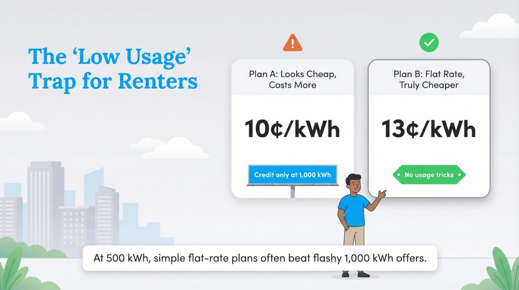 A man points to two electricity plans: Plan A (10¢, credit at 1000kWh) and Plan B (13¢, flat rate).