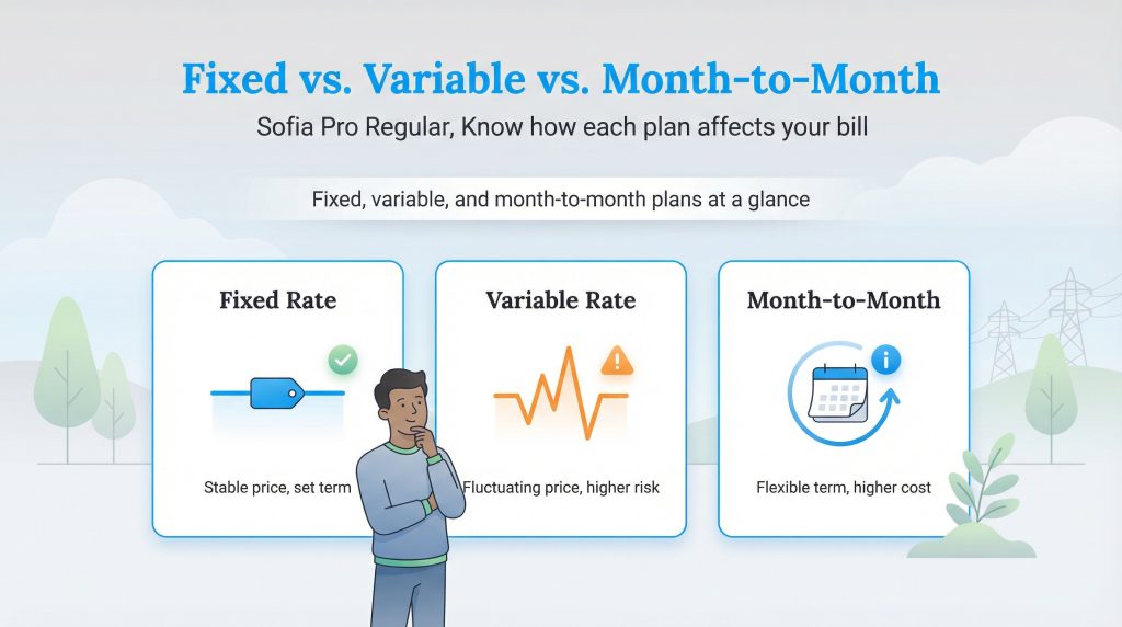 Infographic comparing features of fixed rate, variable rate, and month-to-month electricity plans.