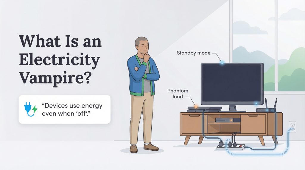 An illustration shows a man pondering electronics in his home, with labels explaining how they use phantom load and standby mode energy when off.