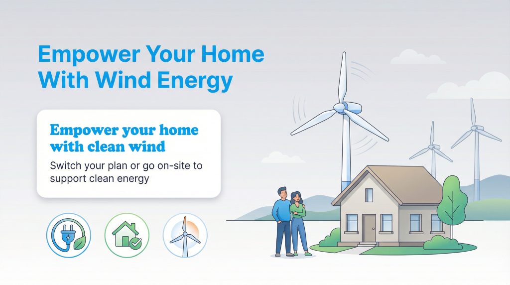 Illustration of a couple and a house with wind turbines, promoting clean energy for homes.