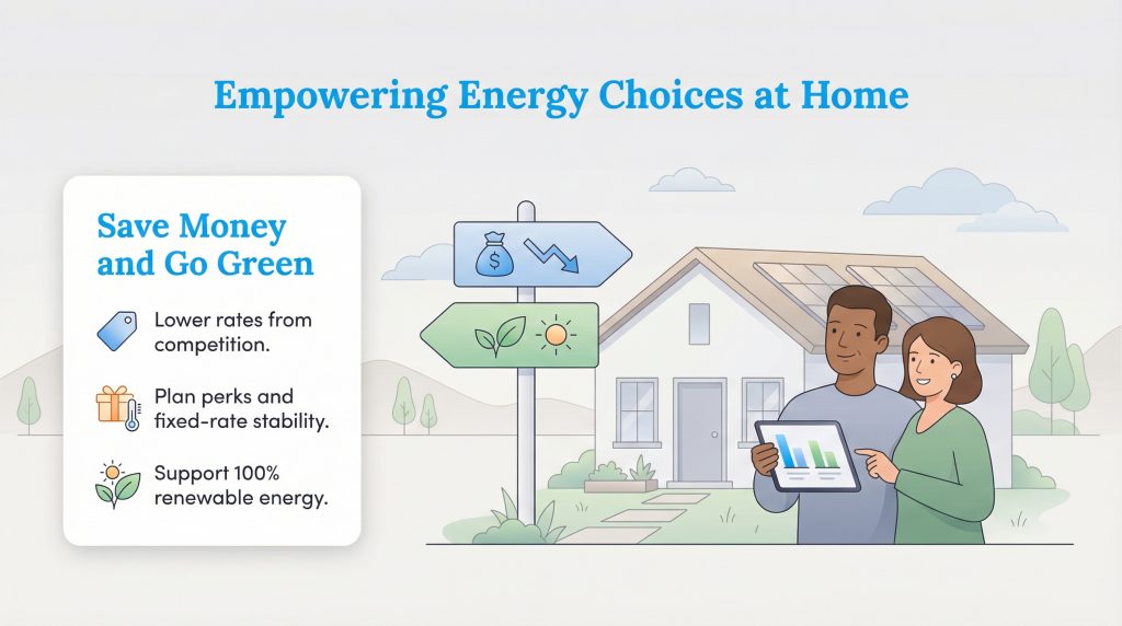 Illustration of a couple reviewing energy choices on a tablet, highlighting savings and green energy benefits.