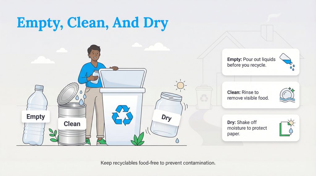 Illustration of the Empty, Clean, and Dry recycling rules with examples of a bottle, can, and jar.