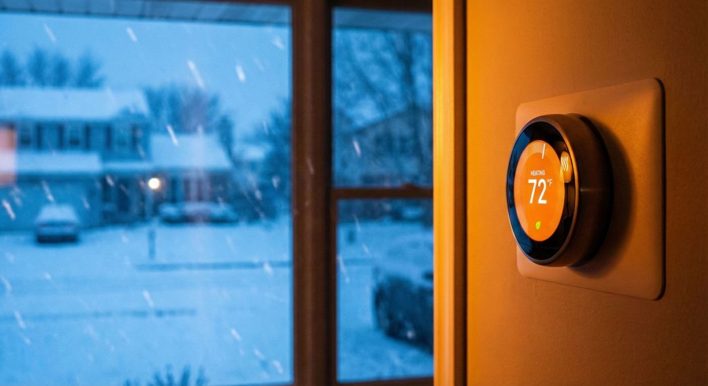 Snow falls outside as a smart thermostat indicates the home is heating in a cold winter as prices increase