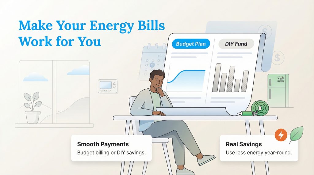 A man compares graphs for a Budget Plan versus a DIY Fund to manage energy costs.