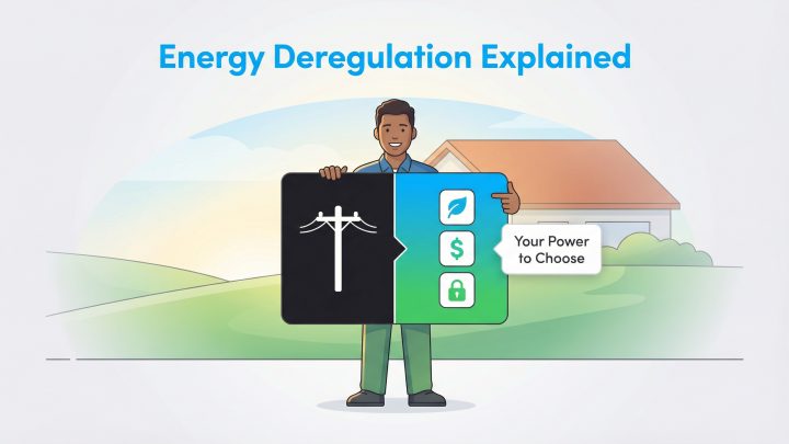 Illustration of a man holding a sign with icons for energy choice, green power, cost, and security.
