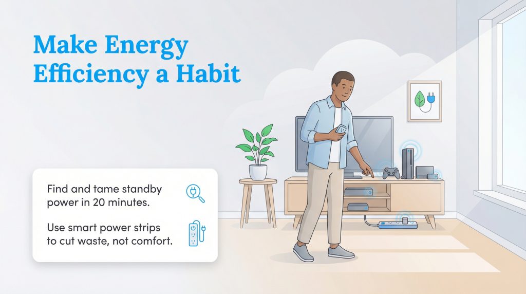 A man uses a smart power strip to manage standby power from devices in his living room.