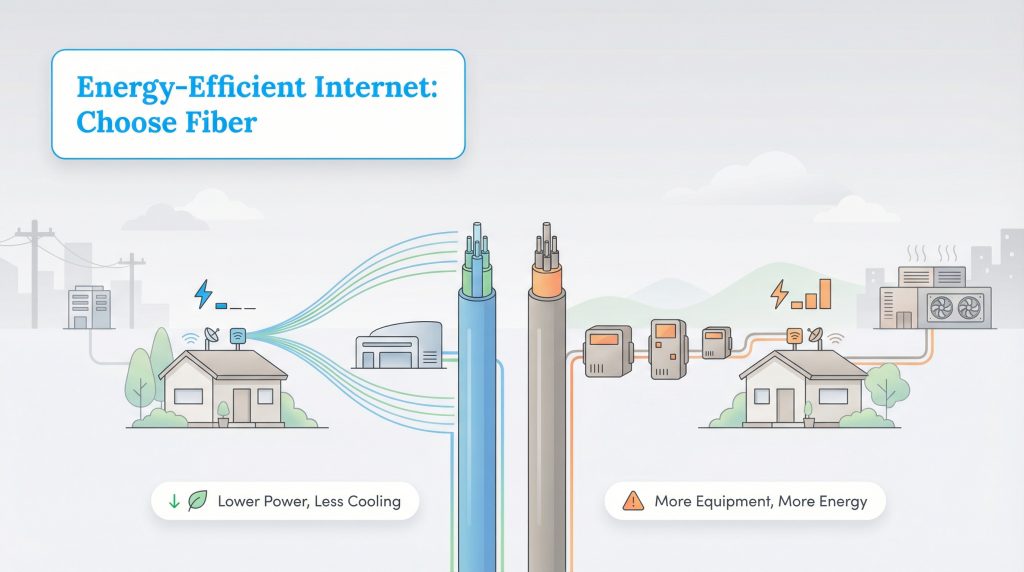 Infographic comparing energy efficiency of fiber and copper internet, showing fiber uses lower power and less cooling.