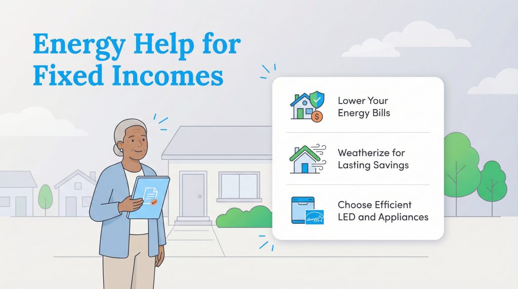 An older woman stands next to a list of energy-saving tips for fixed incomes.