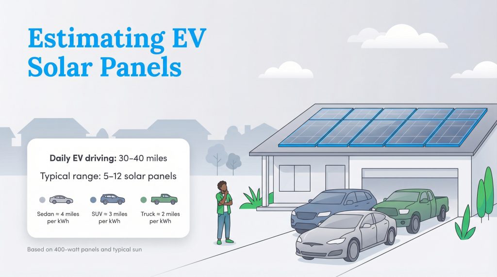 Infographic showing that 5-12 solar panels are estimated for 30-40 miles of daily EV driving.