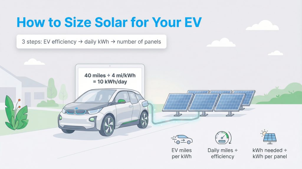 Three-step infographic guide on calculating the number of solar panels needed for an electric vehicle.