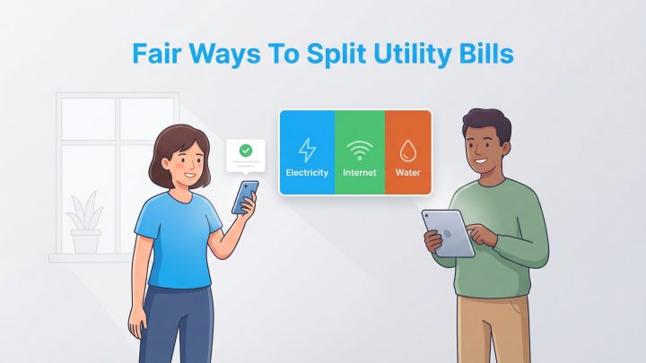 A man and woman use devices to split utility bills for electricity, internet, and water.