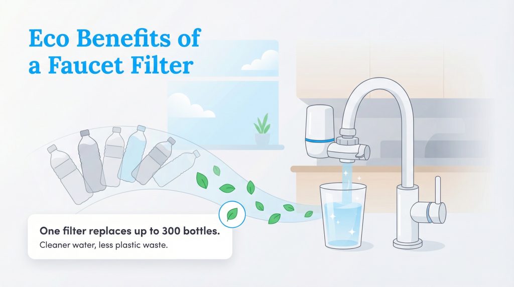 Infographic illustration showing a faucet filter replacing up to 300 single-use plastic water bottles.