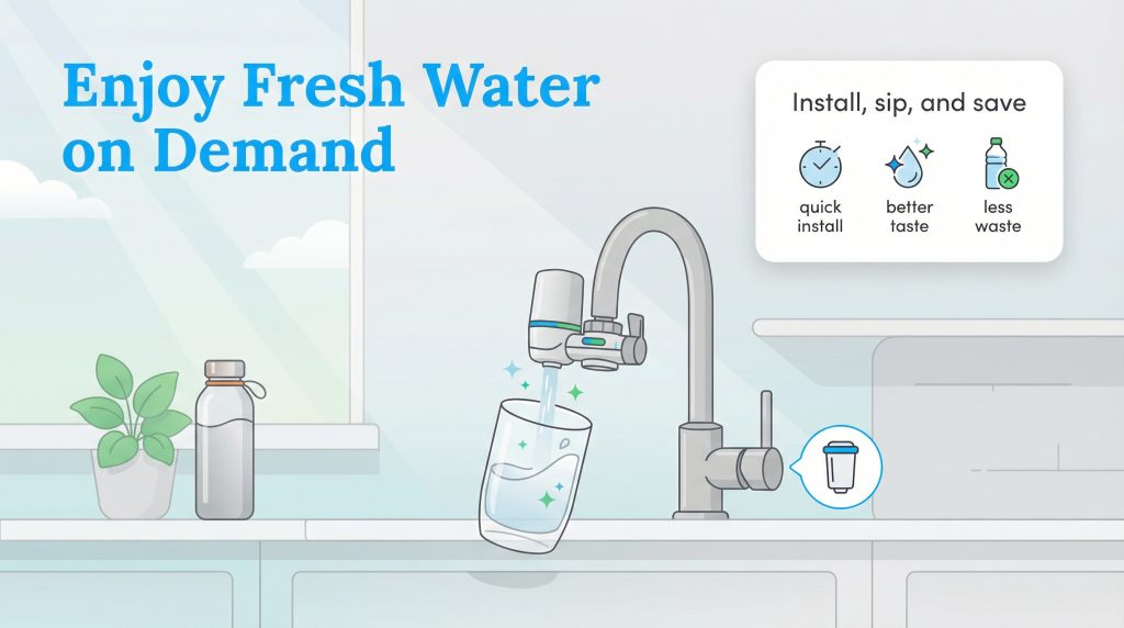 Illustration of a kitchen faucet filter filling a glass with fresh water.