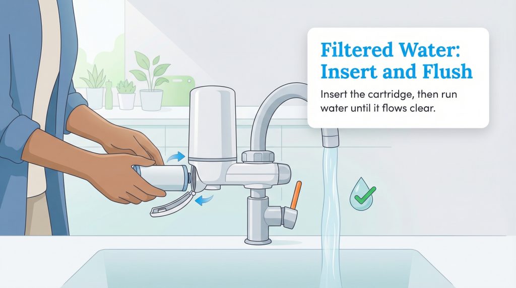 Hands insert a filter cartridge into a faucet housing while filtered water runs clear into the sink.
