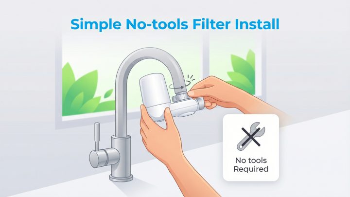 Illustration shows a person attaching a water filter to a kitchen faucet by hand, with a No tools Required icon.