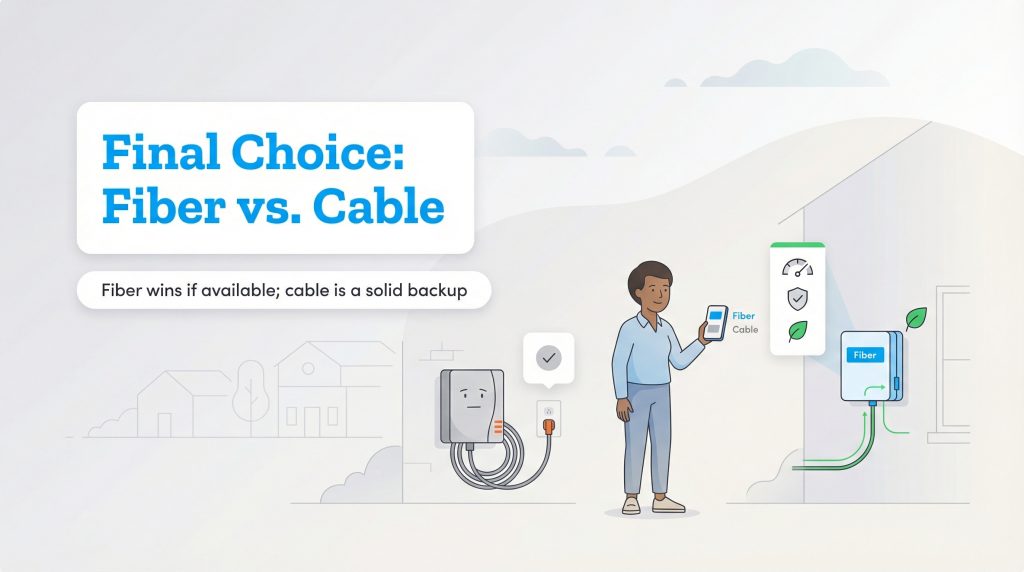 Illustration compares fiber and cable internet; fiber is shown as the superior choice and cable as a backup.