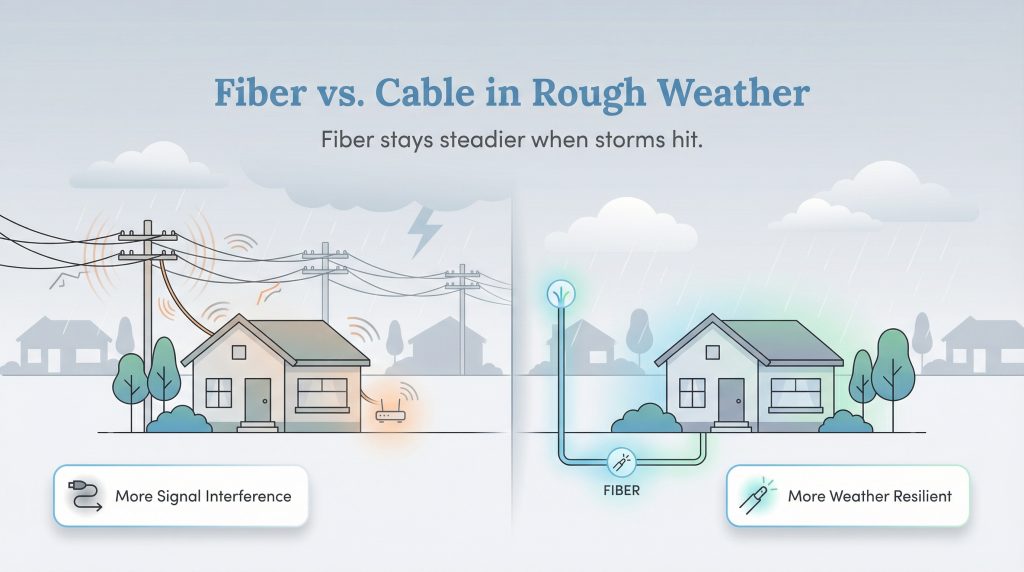 Illustration showing cable internet suffering interference in a storm, while fiber remains resilient.