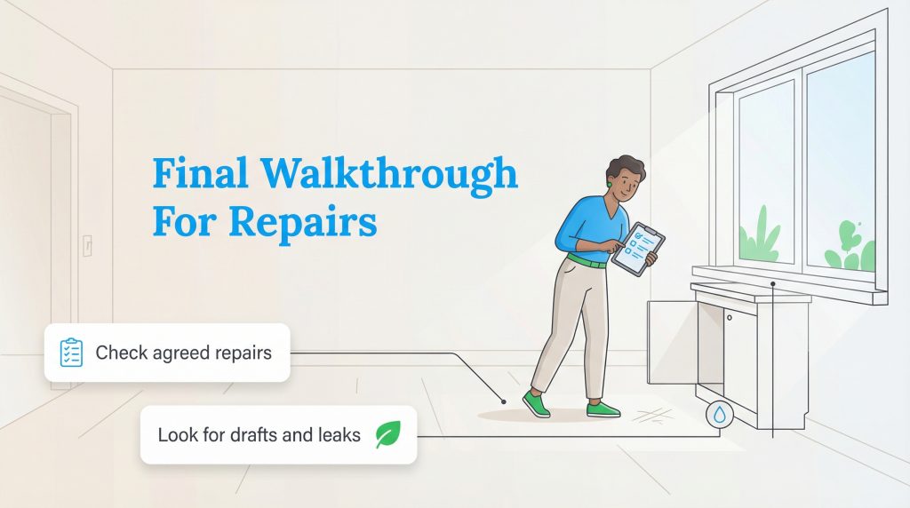 An illustration showing a woman with a checklist performing a final home walkthrough for repairs and leaks.