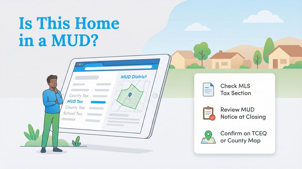 A man checks a tablet displaying a 'MUD District' map and tax information. A list on the right shows three ways to check: MLS tax section, closing notice, and TCEQ or county map.