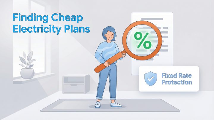 A woman with a magnifying glass looks for cheap electricity plans, highlighting fixed rate protection.
