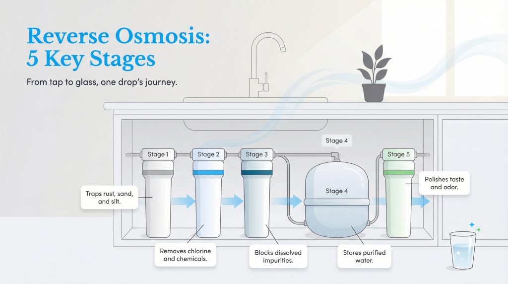 Diagram of a 5-stage reverse osmosis system illustrating water filtration flow under a kitchen sink.