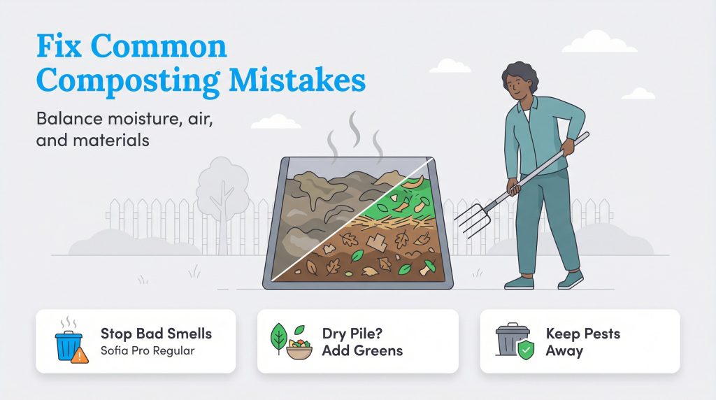 Illustration of a person tending a compost pile with tips on fixing bad smells, dry piles, and pests.