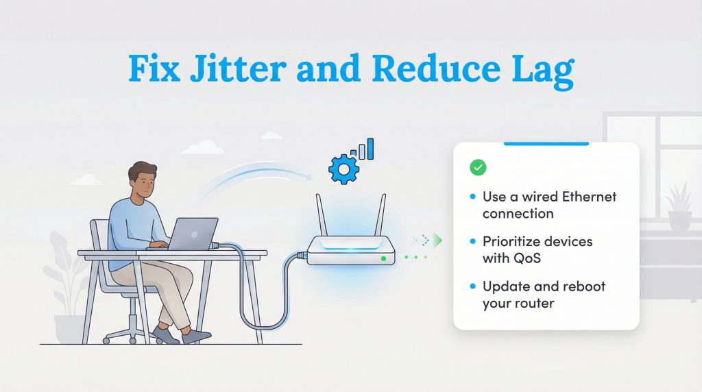 Illustration of a man and a router with a checklist for fixing jitter: wired connection, QoS, and rebooting.