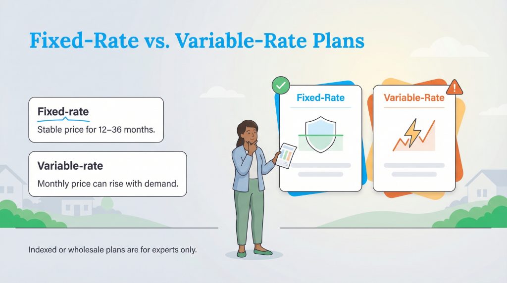 Infographic comparing fixed-rate with stable prices to variable-rate where prices can rise.
