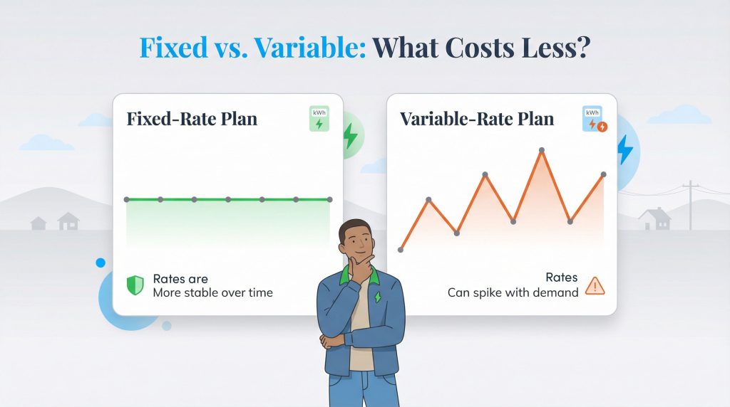 A person ponders two graphs: a stable, flat line for a fixed-rate plan and a fluctuating, spiky line for a variable-rate plan.