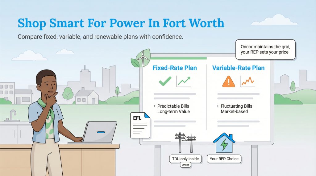 Person comparing fixed and variable electricity plans for Fort Worth on a laptop.