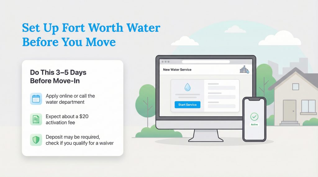 Infographic outlining how to apply for Fort Worth water service 3-5 days before move-in.