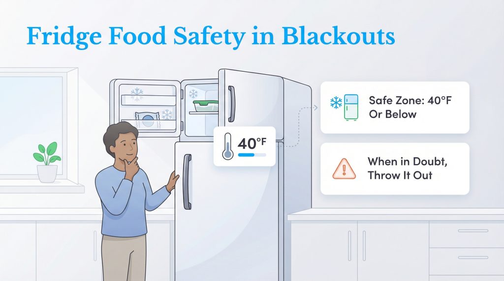 Illustration of a person, fridge, and text about the 40°F safe zone and the 'throw it out' rule.