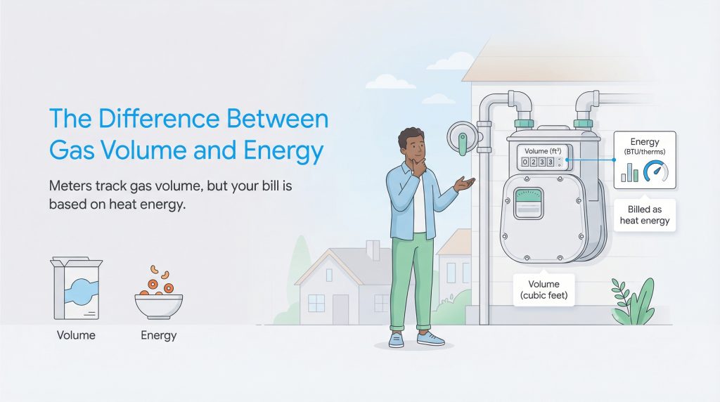 Infographic illustrating how gas meters measure volume but are billed based on energy content.