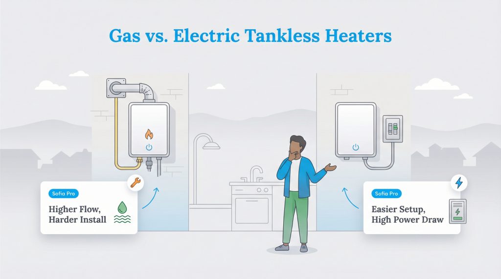 Infographic comparing gas and electric tankless water heaters, highlighting installation and performance differences.