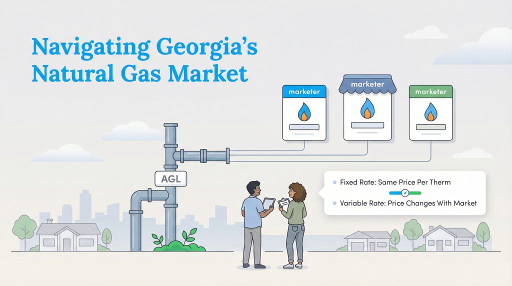 Infographic showing AGL pipes, competing marketers, and consumers choosing fixed or variable rates.