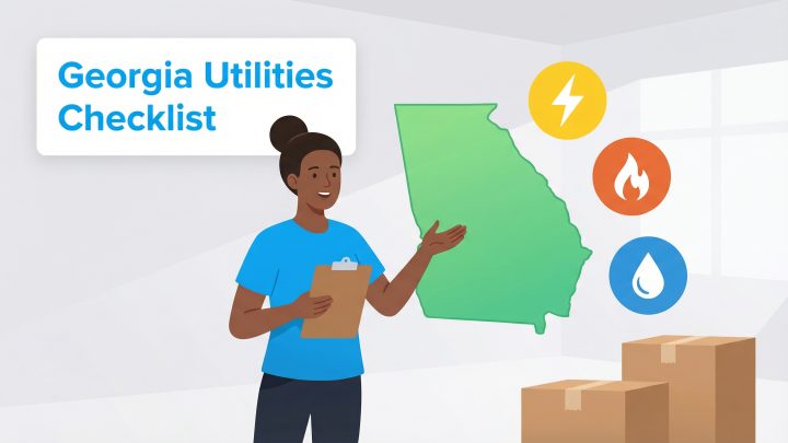 Woman with checklist points to Georgia map and utility icons next to moving boxes.