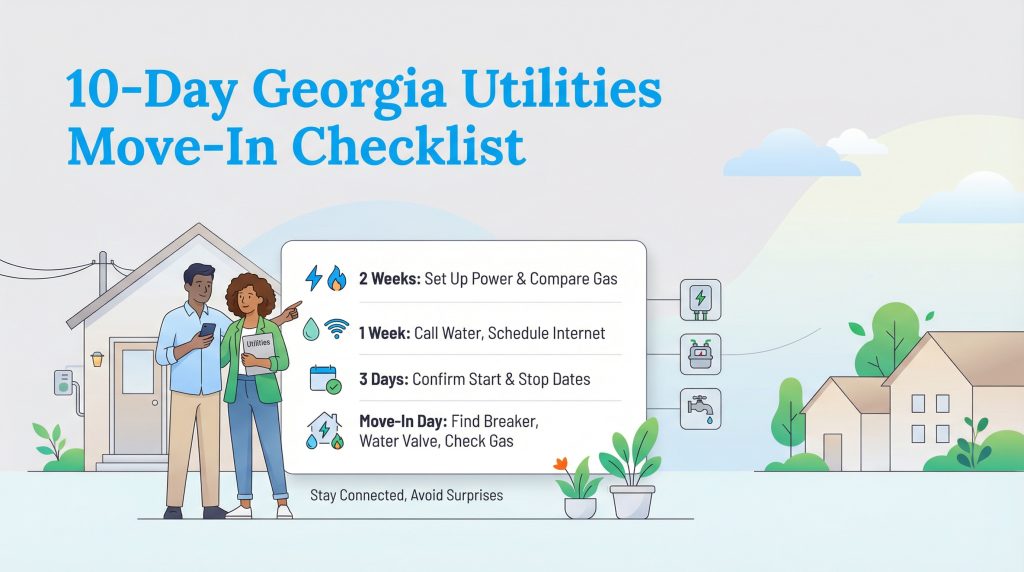 A couple holds a utilities checklist with a 10-day timeline for power, gas, water, and internet in Georgia.
