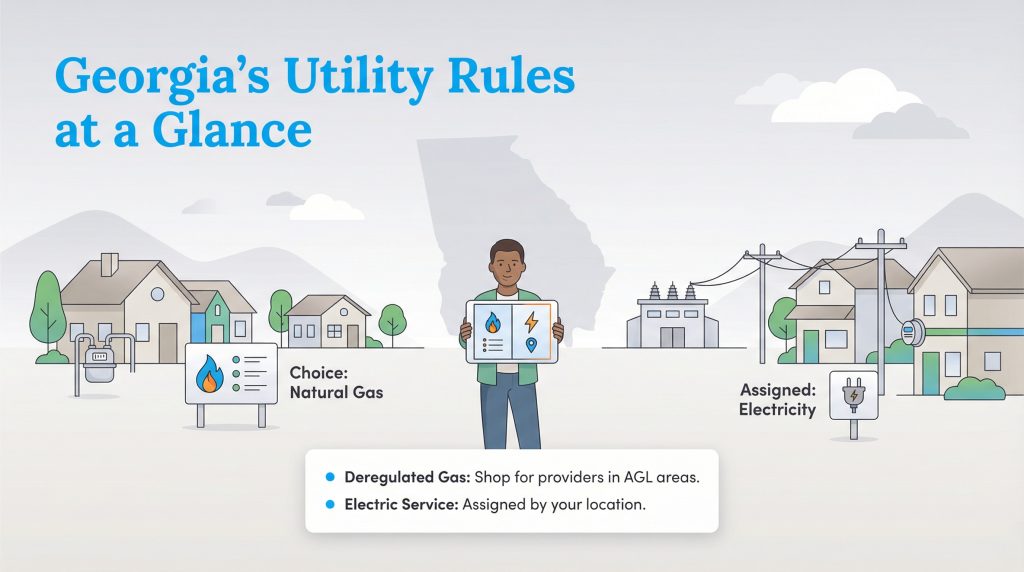 Infographic illustrating Georgia's utility rules, showing natural gas is a choice while electricity is assigned by location.