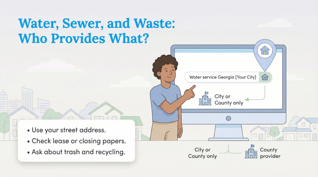 Illustration of a person searching online for local water, sewer, and waste providers in Georgia.