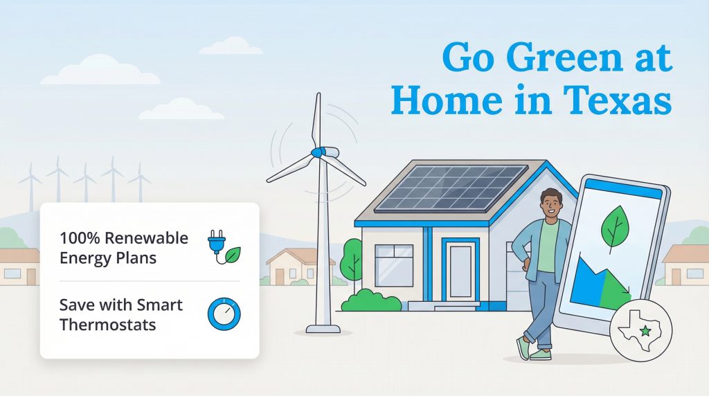An illustration of a home with solar panels and a wind turbine promoting green energy in Texas.