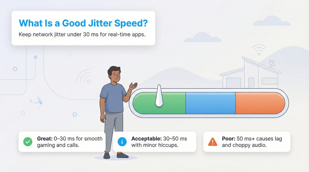 Infographic showing network jitter speed ranges: Great (0-30ms), Acceptable (30-50ms), and Poor (50ms+).