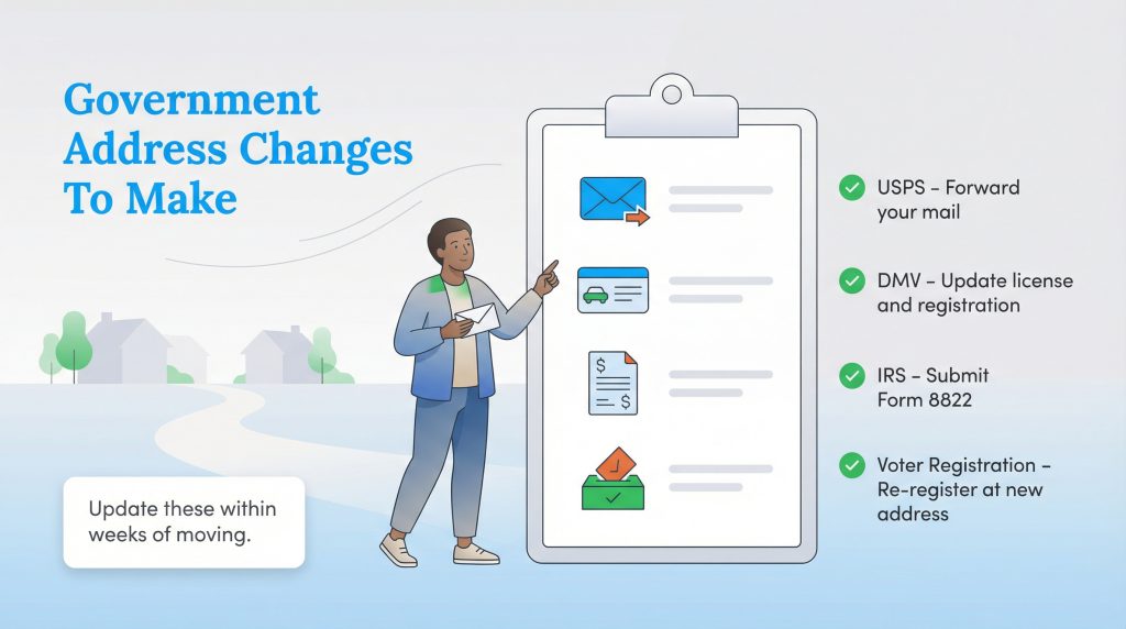 Infographic checklist for government address changes: USPS, DMV, IRS, and Voter Registration.