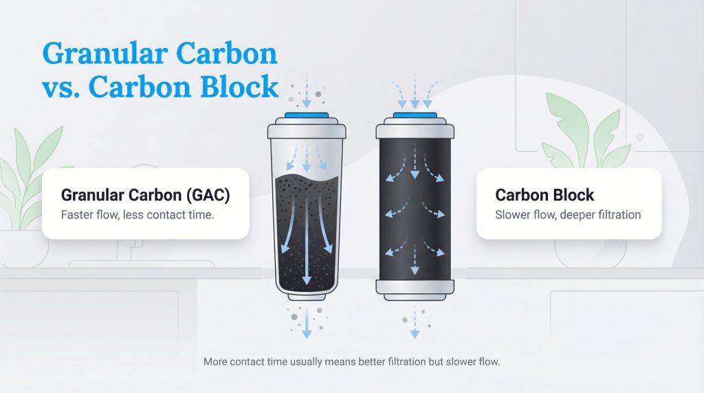 Diagram comparing Granular Carbon (GAC) and Carbon Block water filters.