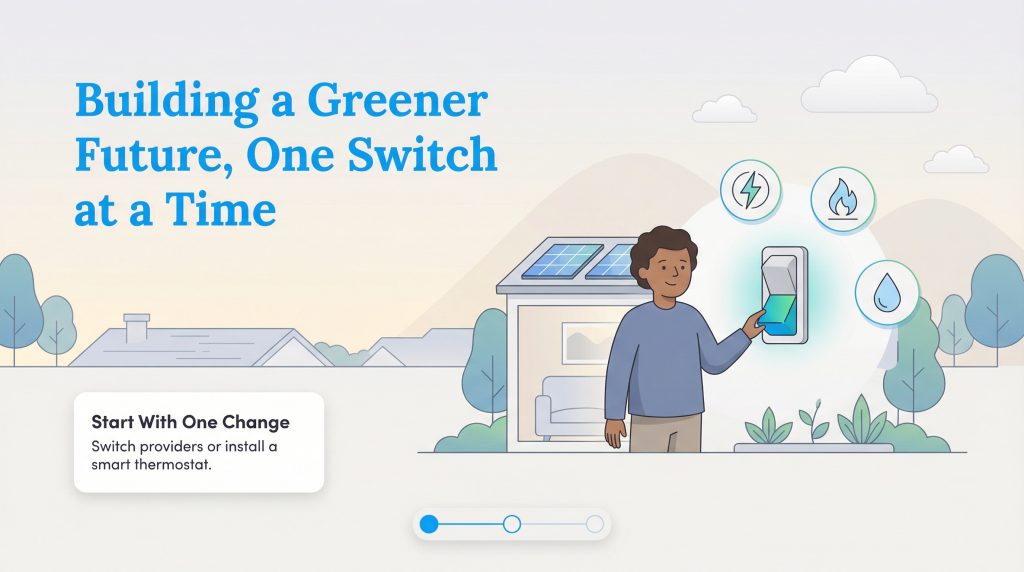 Illustration of a person flipping a switch in a home with solar panels, encouraging sustainable changes.
