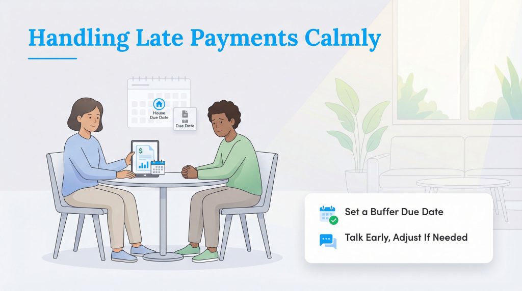 Two roommates at a table calmly discussing bills, with tips on setting a buffer due date and talking early about late payments.