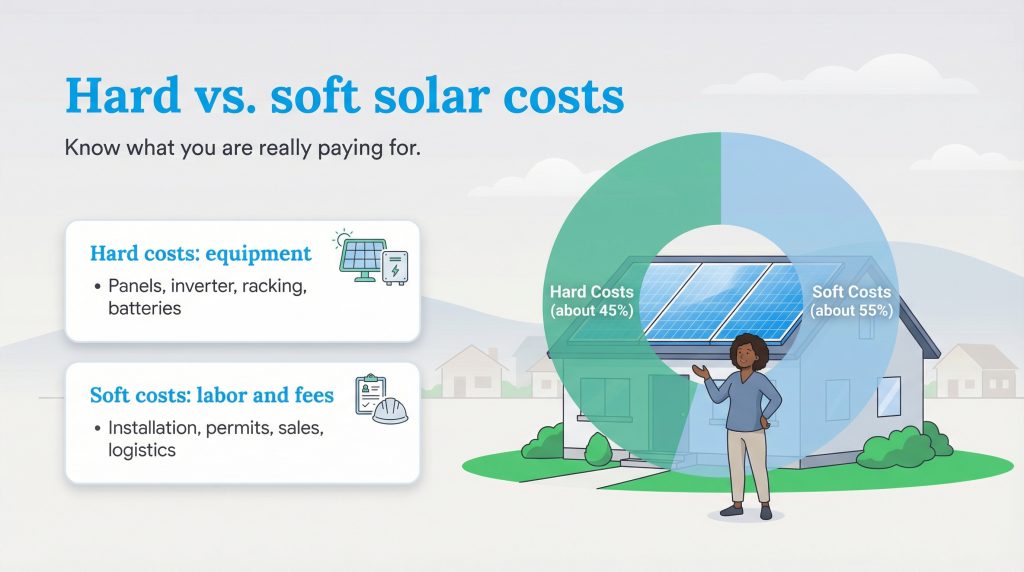 Infographic showing a breakdown of hard (about 45%) and soft (about 55%) solar installation costs.