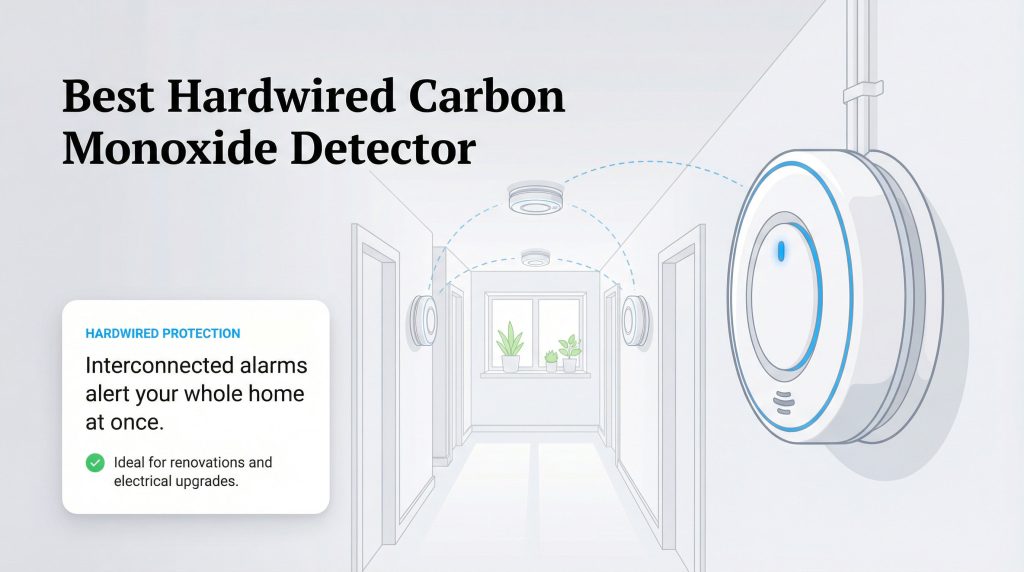 Illustration of a hardwired carbon monoxide detector with interconnected units sounding in a hallway.