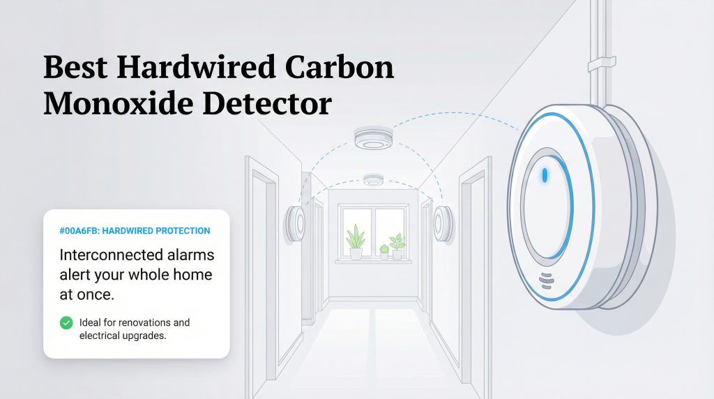 Illustration of a hardwired carbon monoxide detector with interconnected units sounding in a hallway.