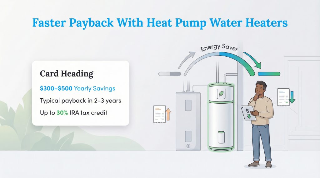 Illustration showing financial benefits of heat pump water heaters, including $300-$500 yearly savings and 2-3 year payback.