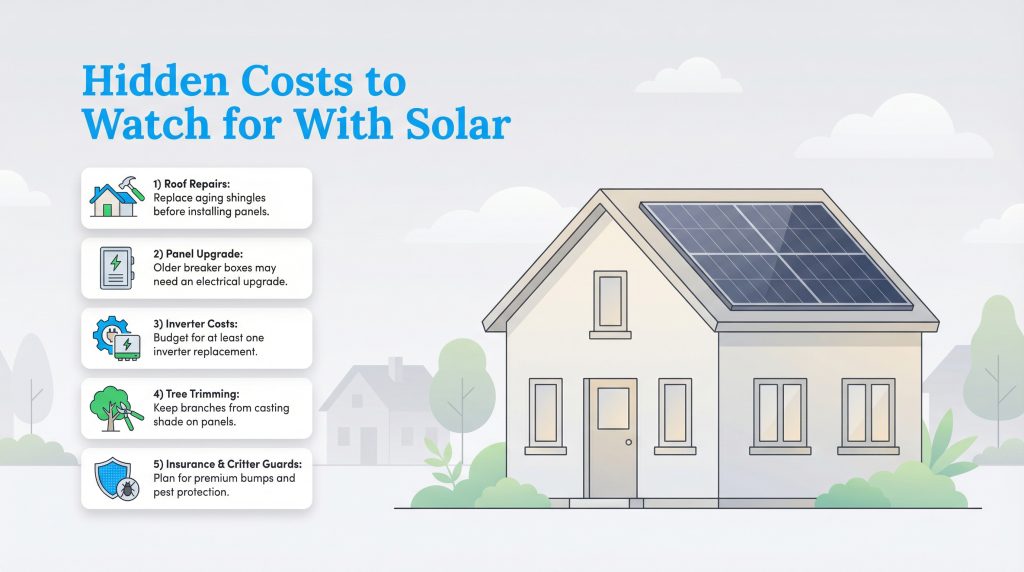 Infographic detailing five potential hidden costs associated with installing solar panels on a home.